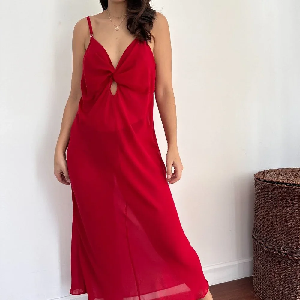 Vintage Cacique red crepe night gown long slip dress - Picture 1 of 11